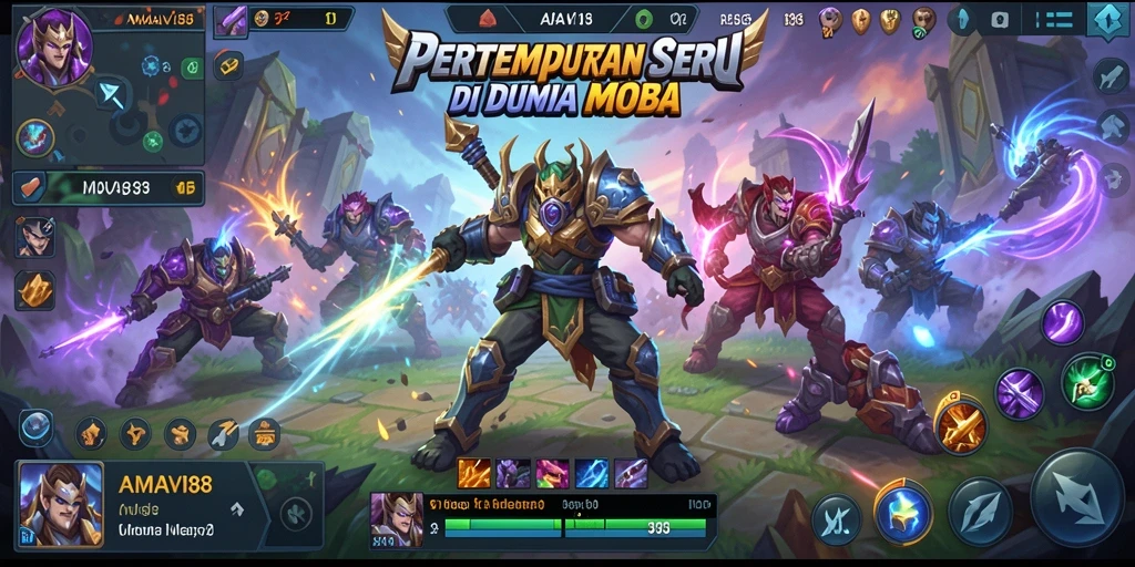 Tangkapan layar gameplay seru AMAVI88 dalam pertempuran MOBA.