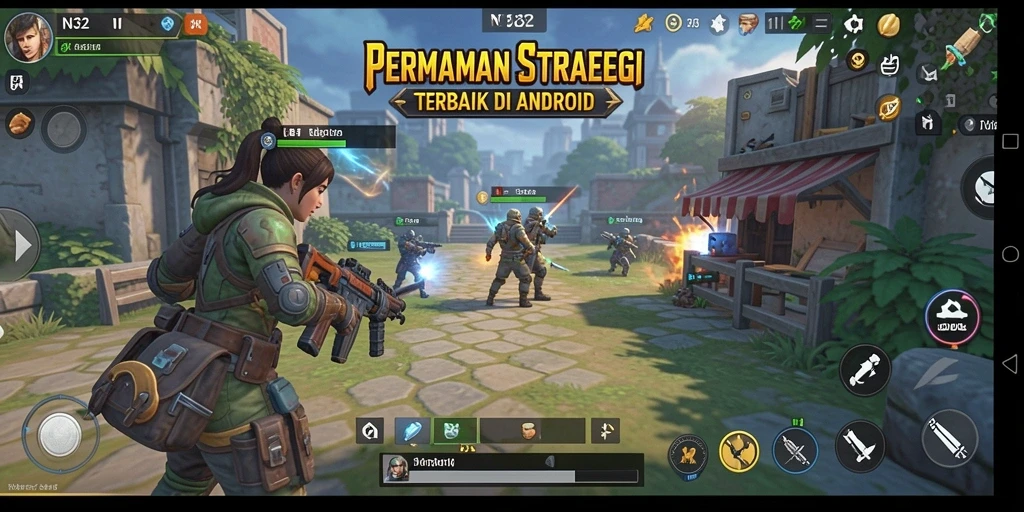 Screenshot N32 menampilkan pertarungan intens antara dua pasukan dalam gameplay SLG.
