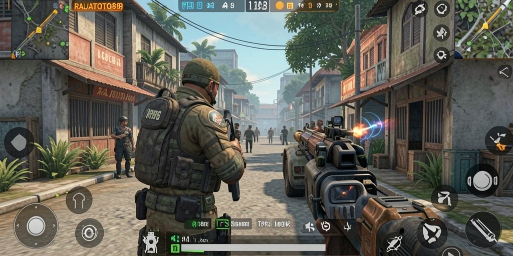 Tangkapan layar gameplay RAJATOTO88 menampilkan aksi seru di medan perang.