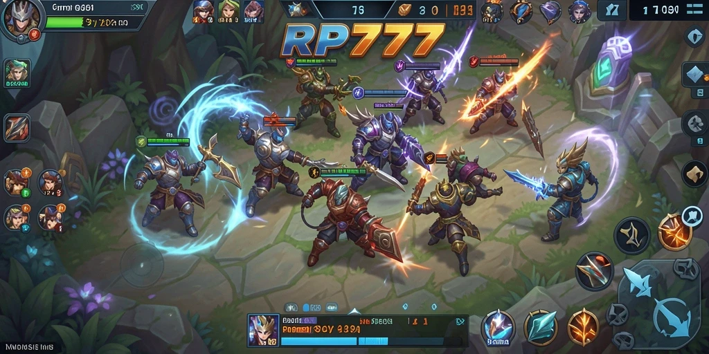 Tampilan gameplay seru dalam game MOBA RP777 dengan aksi tim yang intens.