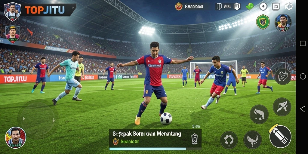 Screenshot utama TOPJITU menampilkan momen seru dalam pertandingan sepak bola.
